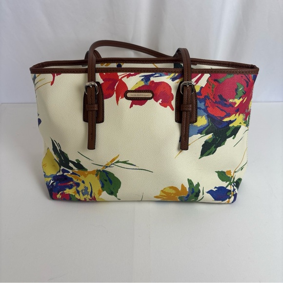 Dana Buchman Handbags - Dana Buchman Floral Tote Bag Purse Ivory w/Brown Handles and Trim 14" wide